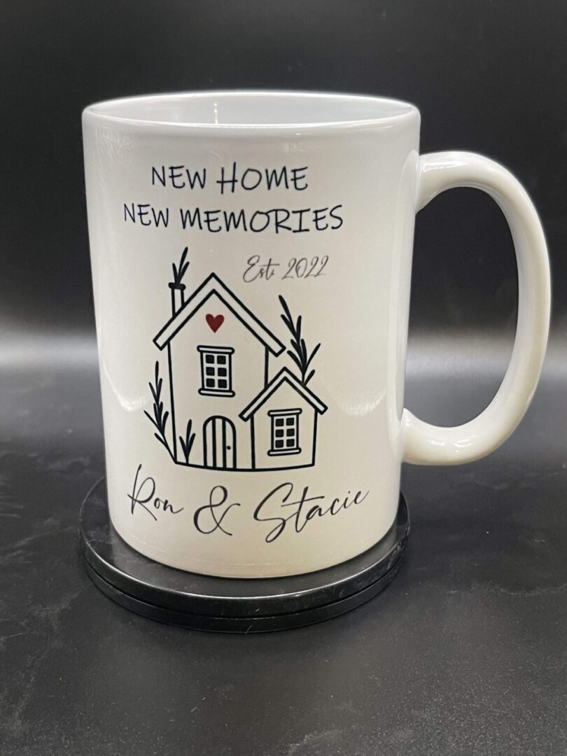 A mug with the words new home, new memories and a house.