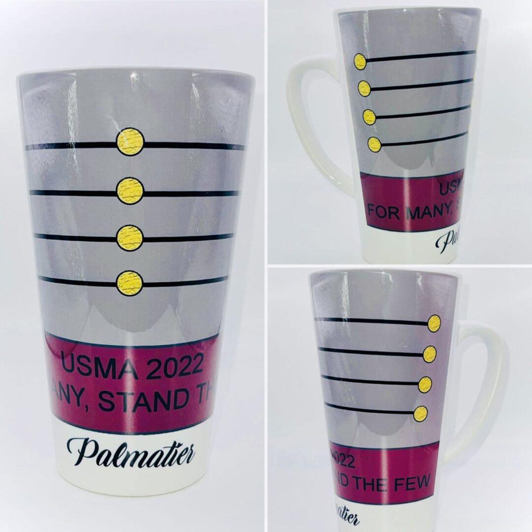 A cup that has been painted with the name of palmadores.