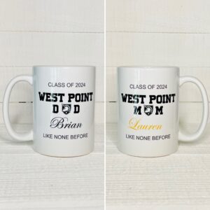 Two mugs side by side with the words west point mom and west point mom.