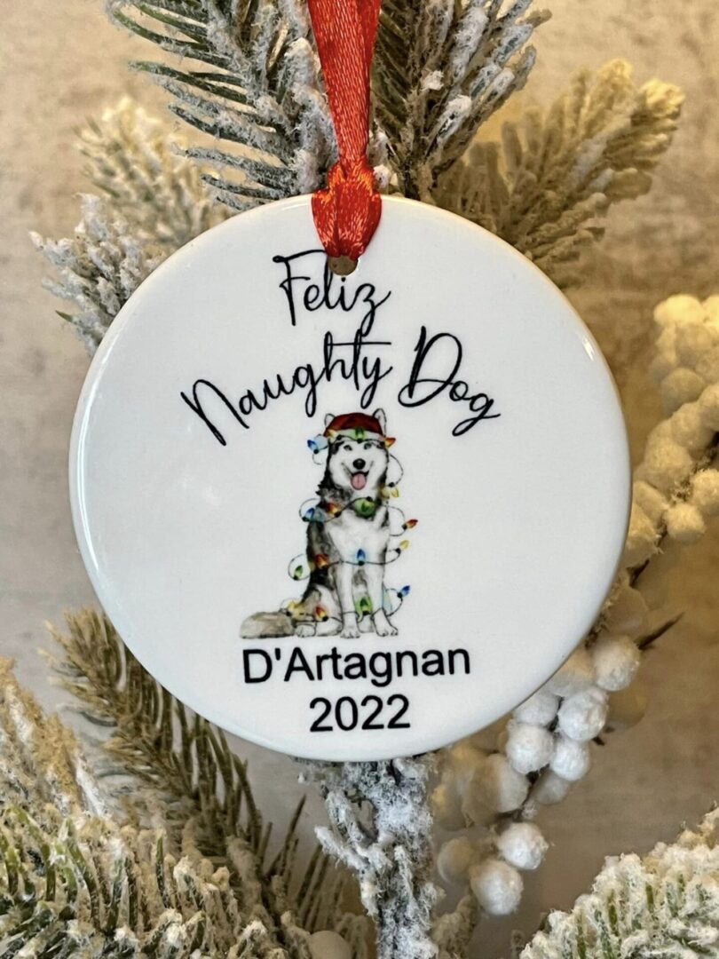 A christmas ornament with the name of feliz naughty dog.