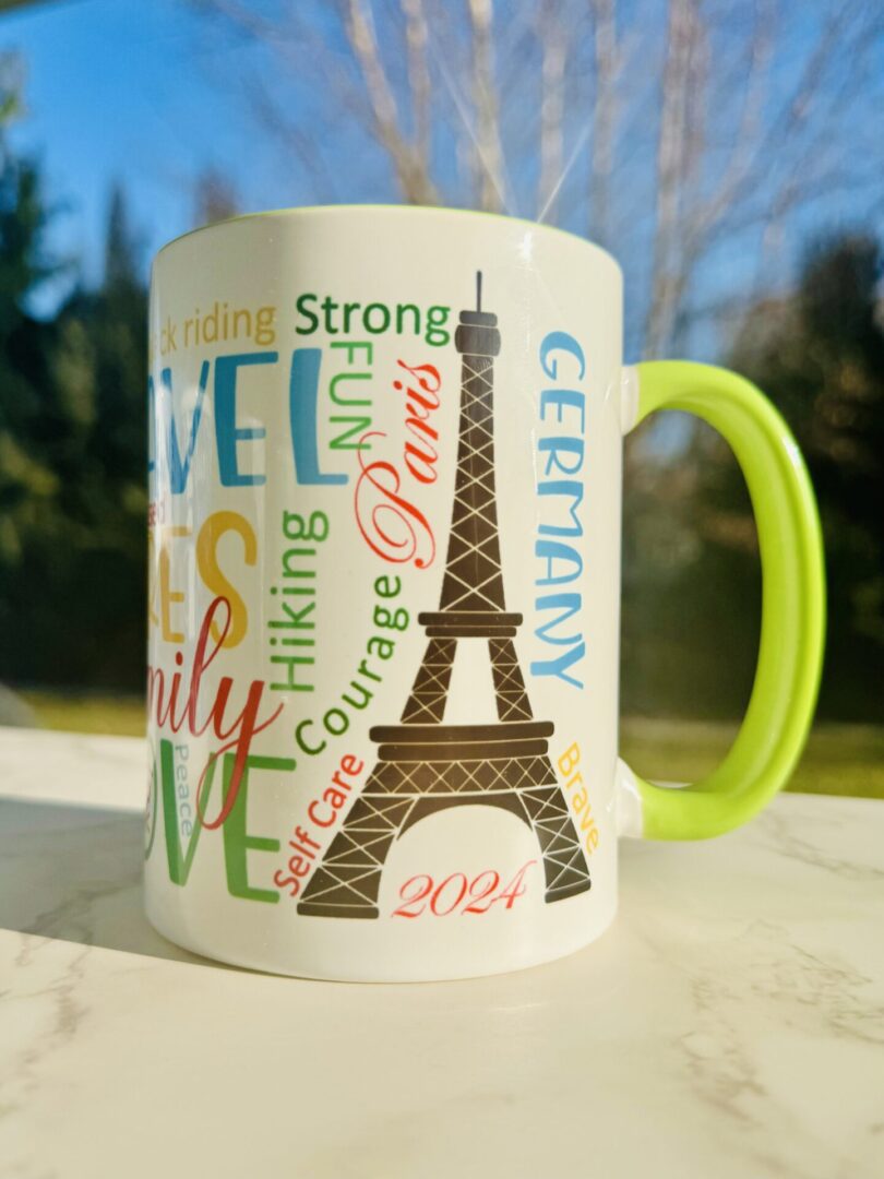 A picture of mug with Paris image on it