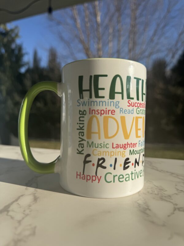 A white mug with different words printed on it